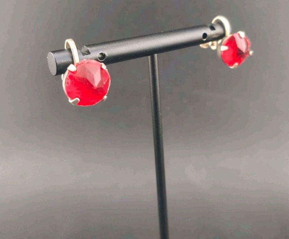 Vintage Sterling Silver Screwback Earrings Red Faceted Glass Stone Mid Century
